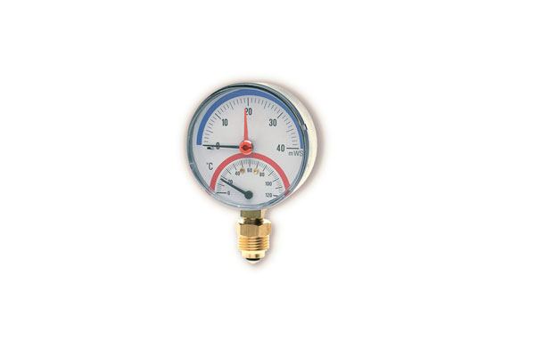 Термоманометр радиальный F+R818/828 диаметром 80 мм. Диапазон измерения давления 0-4 бар, температуры от 0-120° С с автоматическим запорным клапаном на 1/2&quot;