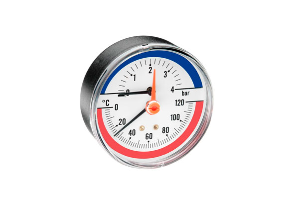 Термоманометр аксиальный F+R818/828 диаметром 80 мм. Диапазон измерения давления 0-4 бар, температуры от 0-120° С с автоматическим запорным клапаном на 1/2&quot;